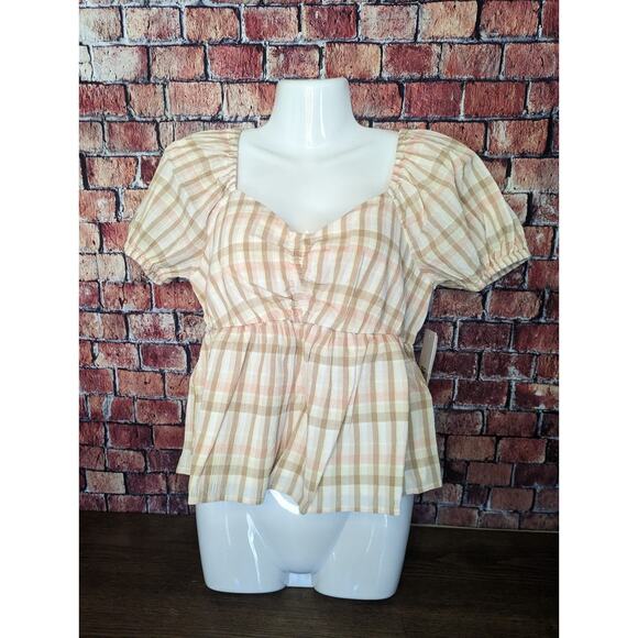 NWT BP. Pink Beige Park Plaid Short Puff Sleeve Babydoll size s - Picture 5 of 7